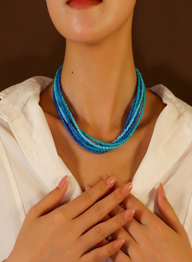 SCRDPRAD Colorful Multi-layered Seed Beaded Necklace Choker For Women Bohemian Handmade Crystal Stone Gemstone Hawaiian Necklace Holiday Birthday Summer Beach Jewelry Gift-Blue - Image 2